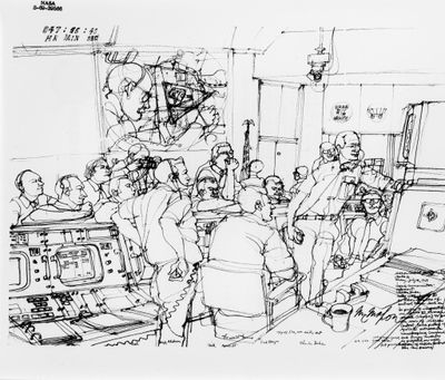 dessin représentant un groupe de personnes dans une pièce avec une machine