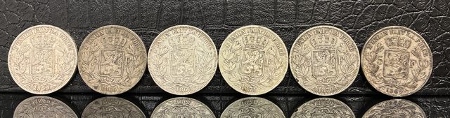 6 pièces monnaie de 5 francs Belge en argent. Poids : 148,64gr