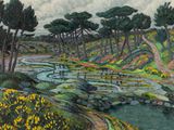 an image of a painting of a stream running through a lush green forest