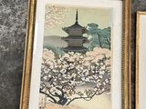 two framed pictures of a pagoda and a cherry tree on a wall