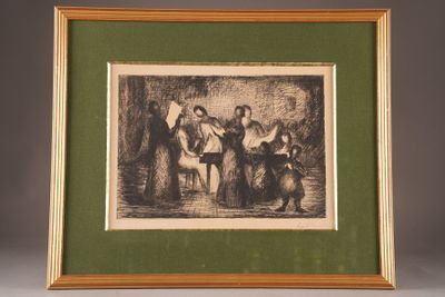 un dessin représentant un groupe de personnes dans un décor boisé