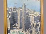 painting of a view of a city in a wooden frame