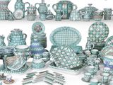a large collection of blue and white pottery on display