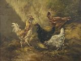 tableau représentant des poules et des coqs dans une grange, près d'un mur