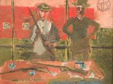 tableau représentant deux hommes armés dans une pièce aux murs rouges