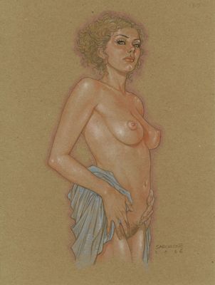 un dessin représentant une femme nue avec une serviette autour de la taille