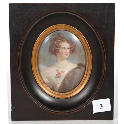 painting of a woman in a black dress with a rose in her hair