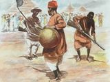 tableau représentant un groupe d'hommes transportant un grand tambour dans un champ