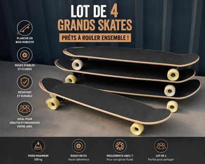 three skateboards are stacked on top of each other with the words, lot de 4 grands skates