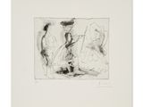 a drawing of three people standing in front of a white background