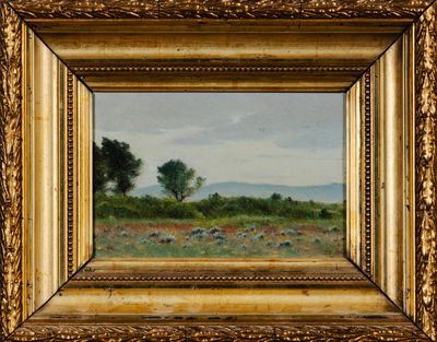 une peinture à l'huile représentant un paysage avec un arbre solitaire au premier plan