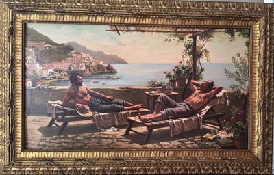 un tableau représentant deux hommes allongés sur une chaise longue