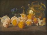 tableau représentant une nature morte composée d'oranges et d'une théière posées sur une table