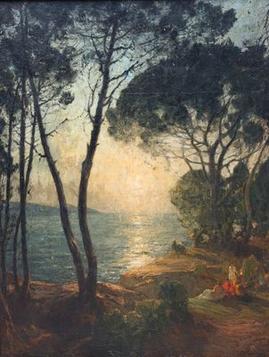 une image d'un tableau représentant un coucher de soleil sur une étendue d'eau