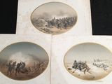 trois gravures anciennes représentant des soldats à cheval dans le désert