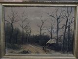a picture of a painting of a woman walking down a dirt road