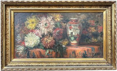 a painting of flowers in a vase on a table