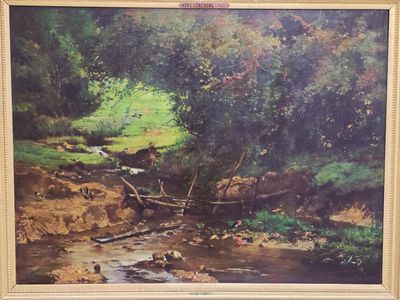 a painting of a stream running through a wooded area