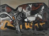 une image représentant un tableau où l'on voit une vache et un homme à cheval