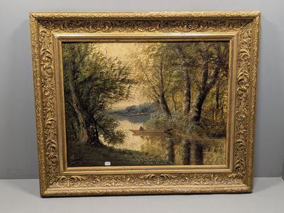 une peinture à l'huile représentant une scène de rivière avec un bateau dans l'eau