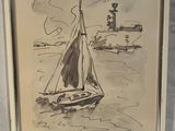 dessin représentant un voilier sur l'eau, avec un phare en arrière-plan