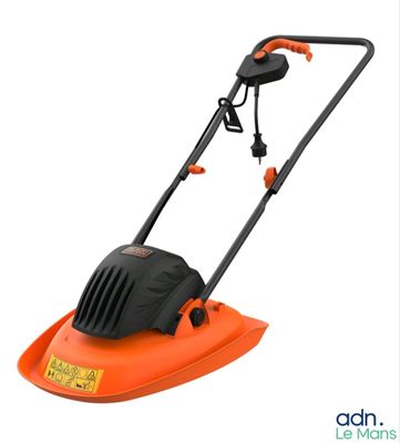 a lawn mower with an orange handle on a white background