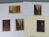 several different pictures of buildings are displayed on a white surface
