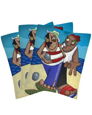 trois cartes représentant un homme et une femme en train de jouer à un jeu sur la plage