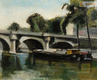 une peinture d'un bateau sur l'eau près d'un pont