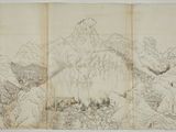 an image of a drawing of a mountain range with a house in the distance
