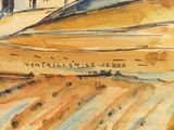 a watercolor painting of a boat on the beach