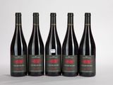 six bouteilles de vin rouge sont alignées sur une surface blanche