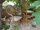 quatre chaises en osier et une table sous un arbre