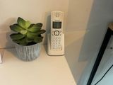 a phone and a potted plant on a small table