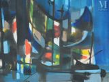 abstract painting of boats in a harbor at night with blue sky