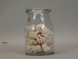 a glass jar filled with a mixture of white and pink flowers