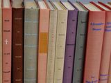 several books are lined up in a row on a table