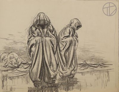 drawing of two women sitting on the ground with their heads bowed