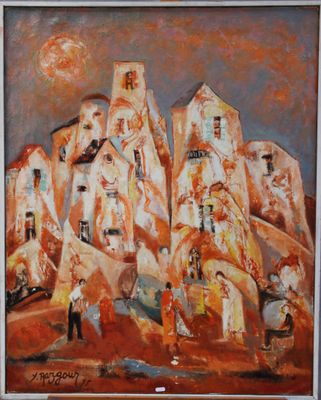 an oil painting of a group of people in front of a mountain