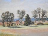 an oil painting of a field with trees and a house in the distance