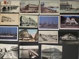 several old postcards of different buildings and buildings on a wall