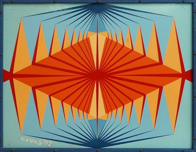 peinture représentant un motif géométrique orange, bleu et rouge sur un mur bleu