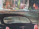 painting of a black car parked on a city street in front of a building
