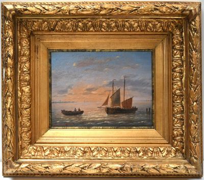 an oil painting of a sailboat in the ocean with a sunset in the background
