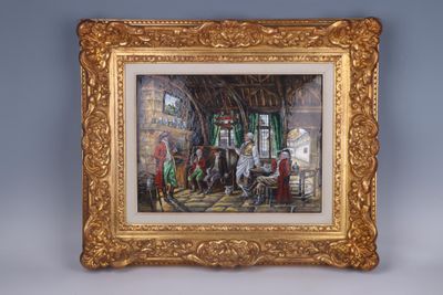 painting of a group of people sitting around a table in a room