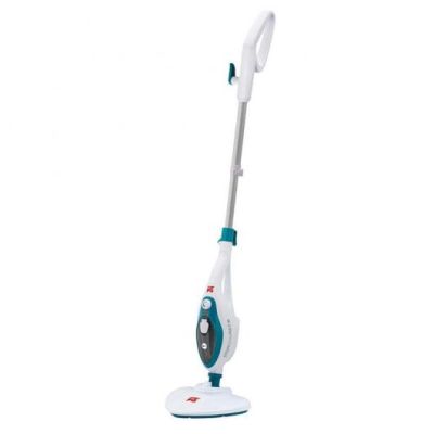 a white and blue steam mop sitting on top of a white floor