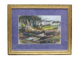 an image of a painting of a man on a horse by a stream