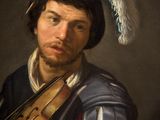 portrait of a man in a feathered hat with a violin