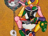 un tableau représentant une femme assise sur des toilettes avec un ballon en forme de cœur