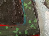 a painting of a black cat sitting on top of a green blanket